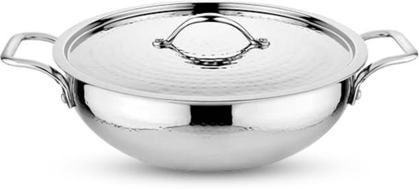 PRABHA Stainless Steel Heavy Gauge Hammerd Finish Flat Bottom Kadhai 6.0L 30Cm Diameter Kadhai 30 cm diameter with Lid 6 L capacity