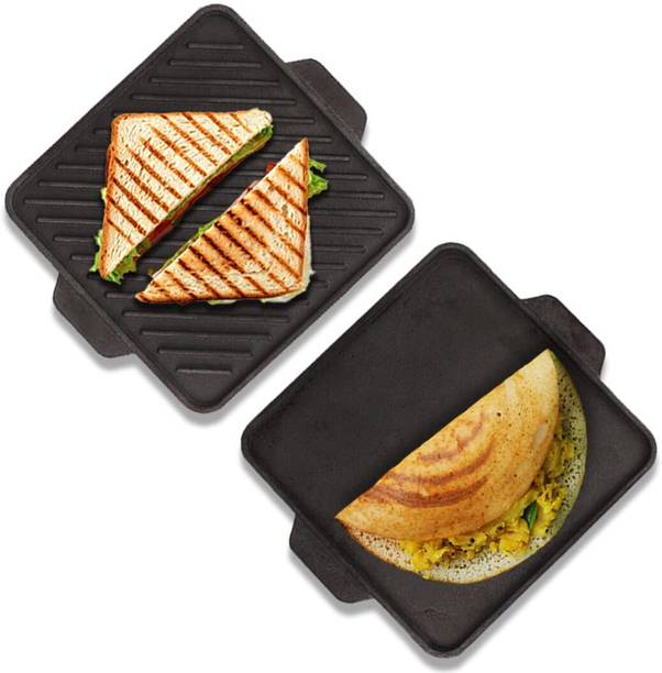 The Indus Valley Pre-Seasoned Cast Iron Square Griddle/ Grill Pan with Double Handle - 10.7 inch Grill Pan 27.2 cm diameter 0 L capacity