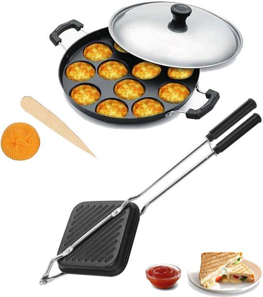 HM EVOTEK Aluminium Grill Non Stick Toast Sandwich Maker, Litti Maker | Appam Stand K5 Appachatty Set with Lid 0 L capacity 21 cm diameter
