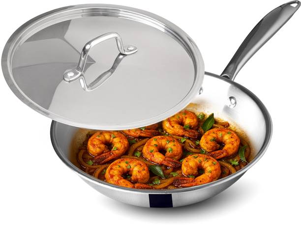 The Indus Valley Triply Stainless Steel Fry Pan with Long handle - 8.7 inch Fry Pan 22 cm diameter with Lid 1.5 L capacity