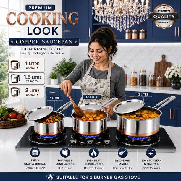 Red Robin Stainless Steel Sauce Pan Set with Steel Lids Premium Finish Pot 14 cm, 16 cm, 18 cm diameter 1 L, 1.5 L, 2 L capacity with Lid