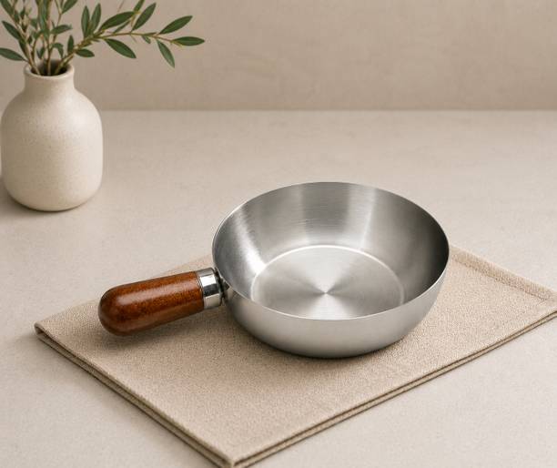 Brijvila Mini Stainless Steel Pan with Wooden Handle for Tempering and Heating Fry Pan 1 cm diameter 1 L capacity