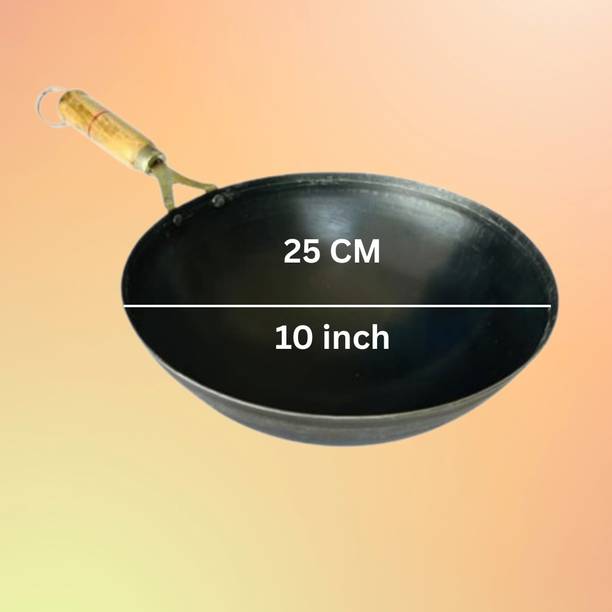 ARUNILA 10 Inch Iron Noodle Pan with Wooden Handle for Stir Fry & Fried Rice Curry Pan 25 cm diameter 1.5 L capacity
