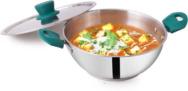 The Indus Valley Stainless Steel 3-layer Bottom Kadai with Green Bakelite Handle - Small 8.9 inch Kadhai 22.6 cm diameter with Lid 2.1 L capacity