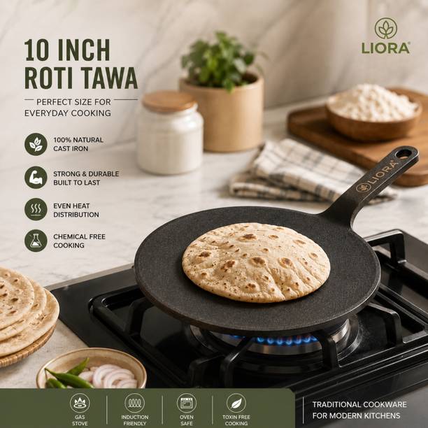 Liora Premium Cast Iron Roti Tawa With Silicon Handle | Toxins Free | Tawa 26 cm diameter