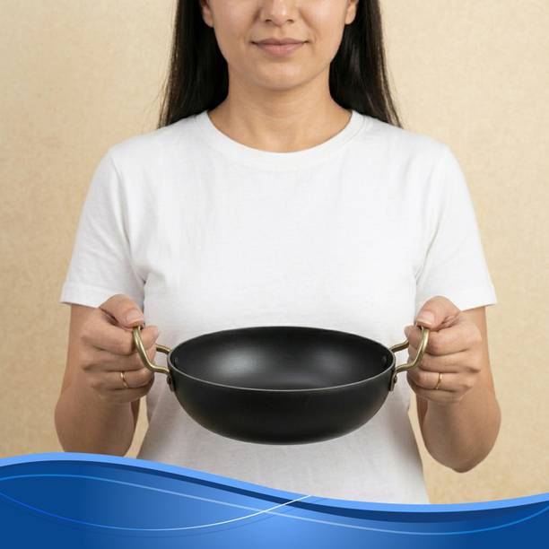 Dozy Pre-Seasoned Pure Iron Kadhai with Ergonomic Brass Handles - 24cm Wok Kadhai 22 cm diameter 1 L capacity