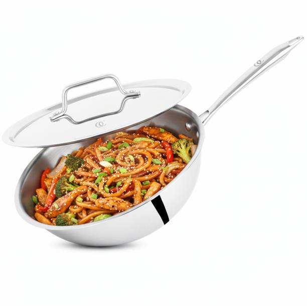 Omichef Primax 22CM(2Ltr)Triply Stainless Steel Wok with Lid 2 L capacity 22 cm diameter