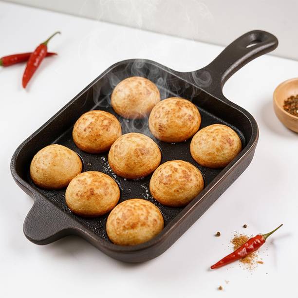 BLUEVEL Premium Appam Patra, Paniyaram Pan 7" inch | Appam Pan with Long Handle-(9 Pits) Paniarakkal Pan 18 cm diameter 0 L capacity