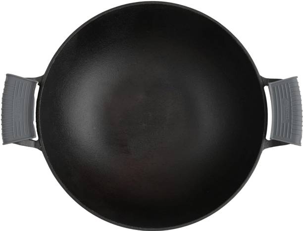 Aditi Techno LLP Pre-Seasoned Cast Iron Kadhai, 10 Inch with Ergonomic Silicone Grip Side Handles Kadhai 25 cm diameter 3 L capacity