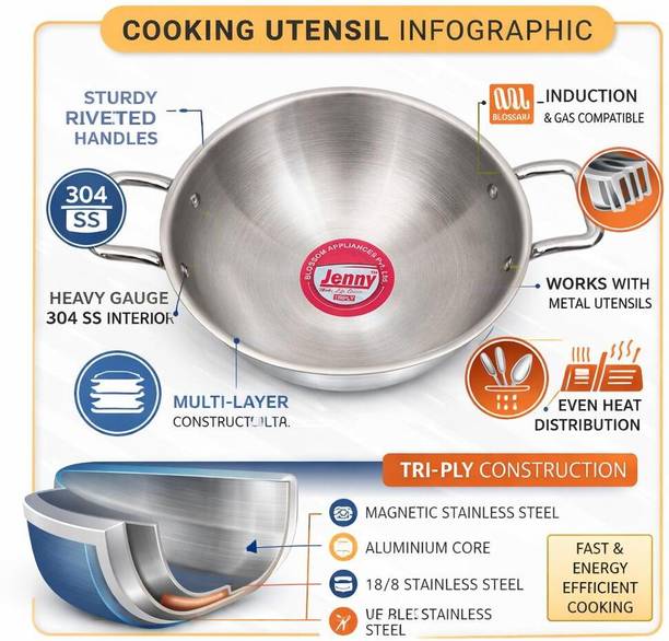 JENNY 28cm Stainless Steel Induction Base Cookware Deep Kadhai for Cooking (2.5 L) Kadhai 28 cm diameter 2.5 L capacity