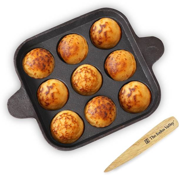 The Indus Valley Pre-Seasoned Cast Iron Square Paniyaram Pan With Spatula|9Pit - 9.4 inch