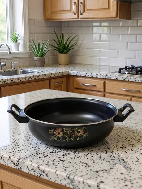RAJJSTORES Model Name: Non-Stick Deep Casserole (Floral Design) Kadhai 27 cm diameter 3.5 L capacity