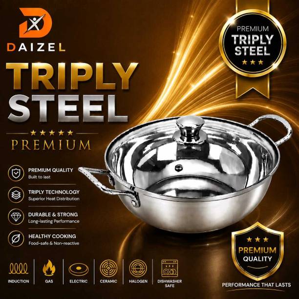 DAIZEL Mirror Finish Stainless Steel Deep Taper Fry Pan 22 cm diameter with Lid 2 L capacity