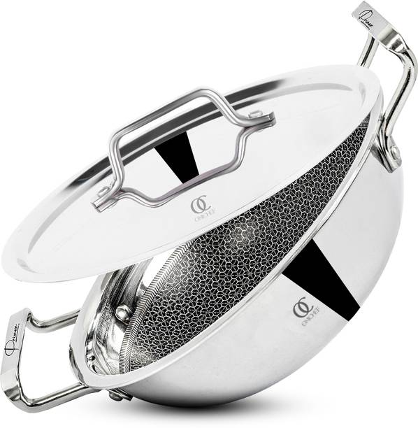 Omichef Primax 20CM(1.7Ltr) Triply Stainless Steel HoneyComb Kadhai with Lid, Kadhai 20 cm diameter with Lid 1.7 L capacity