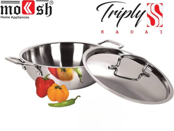 moksh Triply Stainless Steel Deep Kadhai 22 cm diameter with Lid 2 L capacity