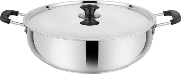 PRABHA Stainless Steel Induction Base Flat Bottom Kitchen Kadhai, Kitchen Wok, Silver Kadhai 20 cm diameter with Lid 2 L capacity