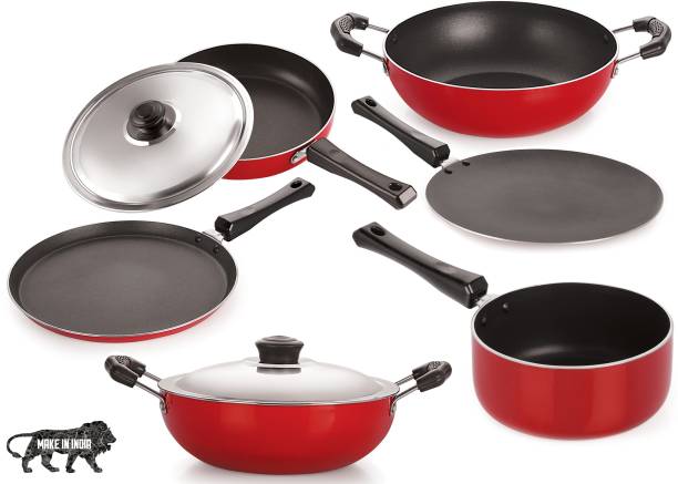 NIRLON Aluminium Cookware Set, 6-Pieces, Red & Black Tawa 27 cm diameter