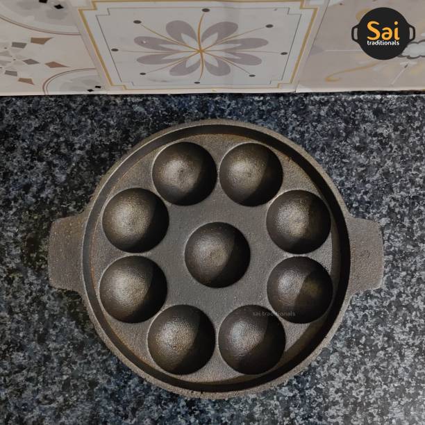 Sai Traditionals Cast Iron Seasoned Paniyaram Pan 9 kuli Paniarakkal 1 L capacity 20.32 cm diameter
