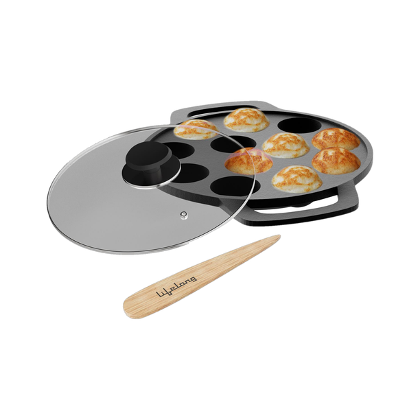 Lifelong Cast Iron with Glass Lid | Paniyaram Pan 12 Pits | 2.38kg Pan Paniarakkal Pan 21 cm diameter with Lid 1.5 L capacity