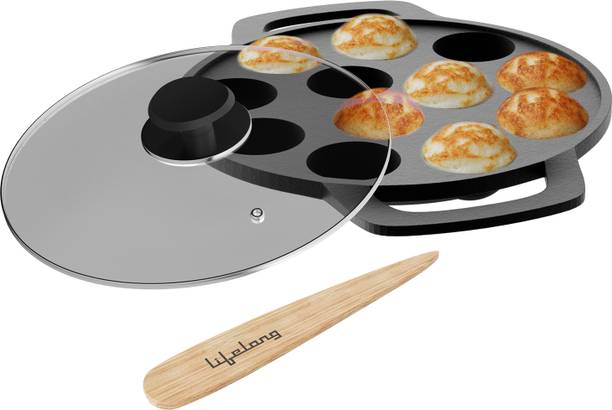 Lifelong Cast Iron with Glass Lid | Paniyaram Pan 12 Pits | 2.38kg Pan Paniarakkal 1.5 L capacity 21 cm diameter