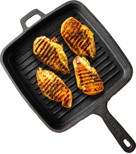 The Indus Valley Pre-Seasoned Cast Iron Grill Pan with Long Handle - 9.8 inch Grill Pan 25 cm diameter 1.5 L capacity