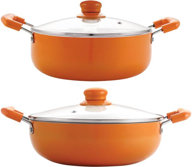 NIRLON Ceramic 2-Piece Non Stick Induction Cookware, Aluminium Pots Set with Glass Lid Kadhai 24 cm diameter with Lid 3.1 L capacity