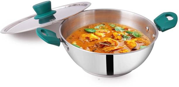 The Indus Valley Stainless Steel 3-layer Bottom Kadai with Bakelite Handle - 11.5 inch Large Kadhai 29.3 cm diameter with Lid 4.6 L capacity