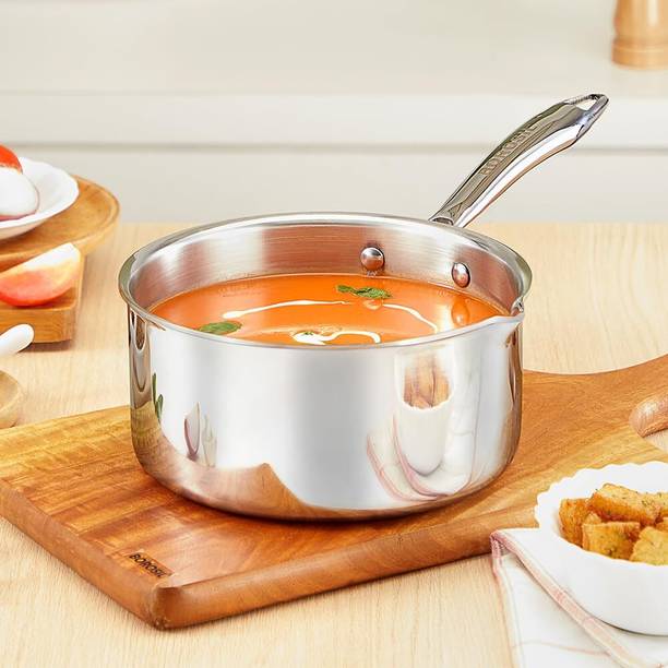 BOROSIL Cookfresh Triply Steel 18 Cm Sauce Pan with Spout, SS304 Food Grade Steel Sauce Pan 18 cm diameter 2.1 L capacity