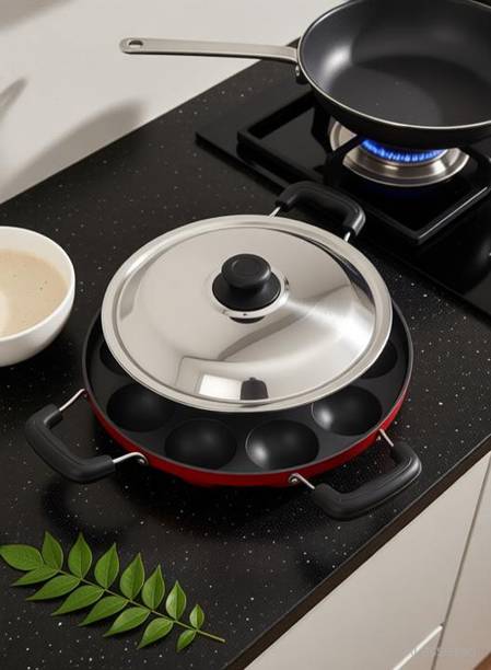 HoneyDell 12 Cavities Non Stick Appam Patra with Lid and Side Handle/ kulipaniyaram pan nonstick/ appe/ aapee ka sacha/ panniyaram kadai/ Paniyarrakal/Paniyaram/Appam Pan/Appam Maker/Pan Cake/guntapon