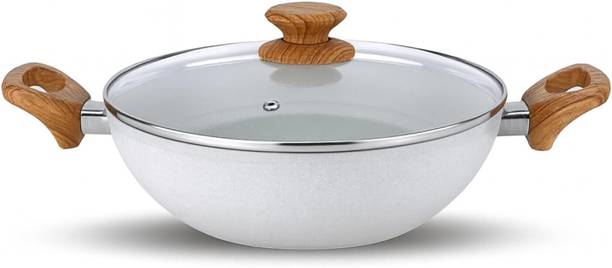 Salford Forged Non-Stick Kadai + Glass LID with Soft Touch Wooden Handle Kadhai 26 cm diameter with Lid 3.5 L capacity
