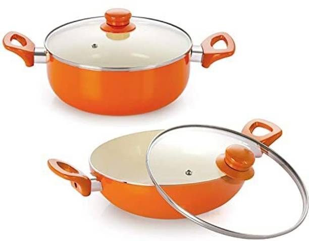 NIRLON Aluminium Non Stick Induction Based Ceramic Kadhai and Casserole Set Kadhai 20 cm diameter with Lid 2.1 L capacity