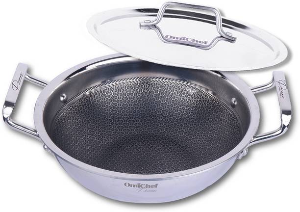 Omichef Primax 22CM(2.1 Ltr) Triply Stainless Steel Honeycomb Kadhai, with Lid Kadhai 22 cm diameter with Lid 2.1 L capacity