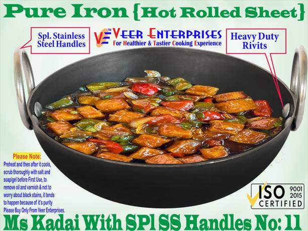 VeerEnterprises Ms Pure Iron/Loha Black Deep Kadhai/Wok With Double Sided SS Ring Handles Kadhai 27.5 cm diameter 2.5 L capacity