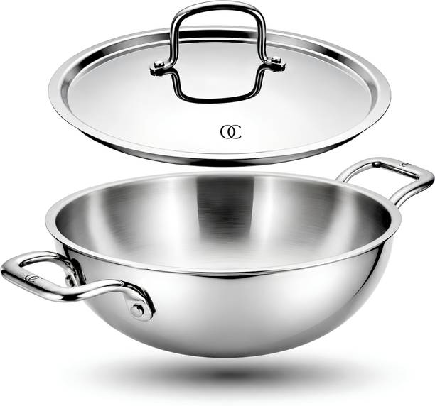 Omichef Triply Stainless Steel Kadhai (6Ltr) Induction Compatible Kadhai 30 cm diameter with Lid 6 L capacity