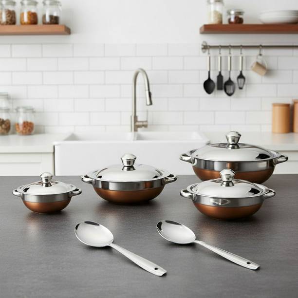 LAZYwindow Bottom Copper Color Stainless Steel Serving Bowl Set - 4 Bowls with Lids - Pot 18.6 cm, 16.6 cm, 22.5 cm, 14.3 cm diameter 1.1 L, 0.75 L, 0.5 L, 1.5 L capacity with Lid