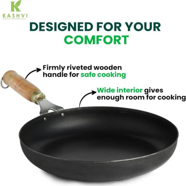 Kashvi Pre-Seasoned Long Wooden Handle Fry Pan 25 cm diameter 1.3 L capacity