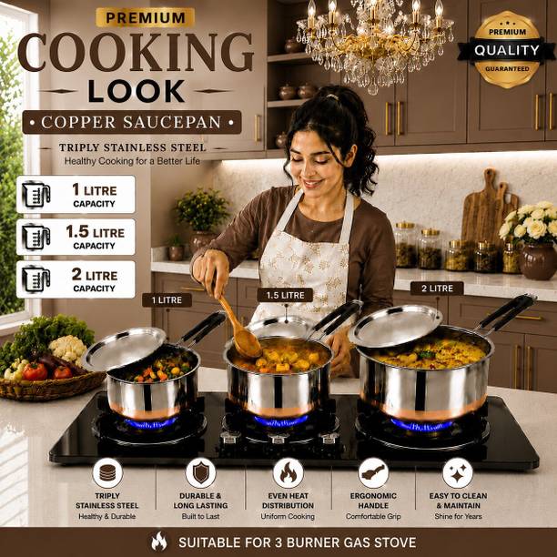 Red Robin Stainless Steel Sauce Pan Set Multipurpose Kitchen Cookware 3 Pcs Pot 14 cm, 16 cm, 18 cm diameter 1 L, 1.5 L, 2 L capacity with Lid