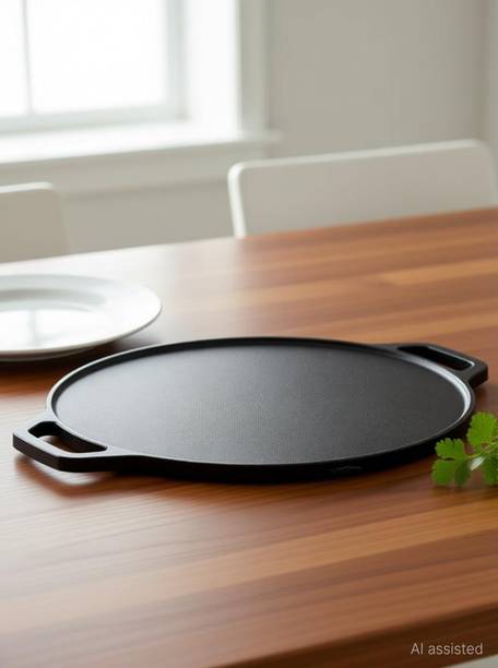 M KHARAVAD Iron Tawa with Wooden Handle (10"), Naturally Non-Stick Tawa 24 cm diameter