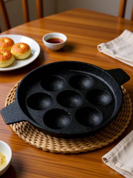 kyyte OxyStone Pre-Seasoned Cast Iron Paniyarkal / Paddu / Appe Pan 7 Cavities Paniarakkal Pan 20 cm diameter 0.11 L capacity