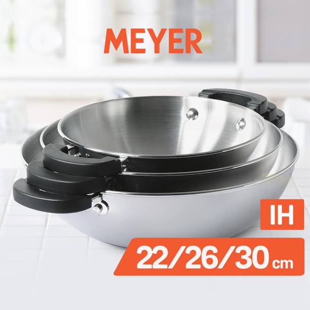 Meyer Kitchen Hacks 3 Piece (22 Cm / 26 Cm/ 30 Cm) Wok Set 4.77 L capacity 30 cm diameter