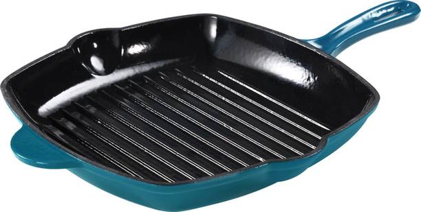 CaROTE Enamel Cast Iron Grill Pan, Blue, Induction & Oven Safe, Non-Toxic, Even Heat Grill Pan 27 cm diameter with Lid 1.3 L capacity