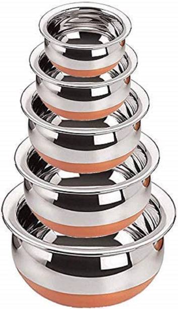 Navamii Premium Stainless Steel ( Pak Of 5 ) & Copper Serving Bowl Set Handi 0.25 L, 0.5 L, 0.75 L, 1 L, 1.25 L