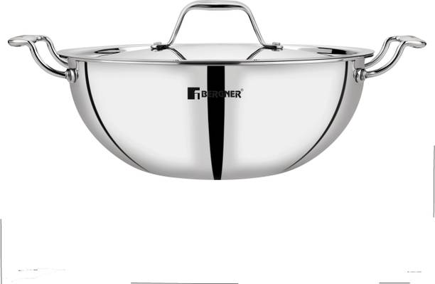 BERGNER Tripro Triply Stainless Steel Tasla/Tasra/Kadai/ Induction Bottom Kadhai 20 cm diameter with Lid 2.36 L capacity