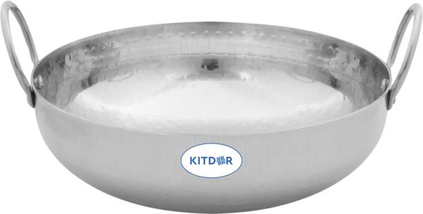 Kitdor Stainless Steel Heavy Bottom Cookware Hammered/ Mathar Kadai/ Kadhai with handle Kadhai 35 cm diameter 7 L capacity