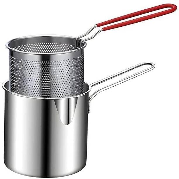 SIXTHOME Deep Frying Pot With Basket Stainless Steel Fryer Pot With Long Handle Pot 4 cm diameter 1.2 L capacity