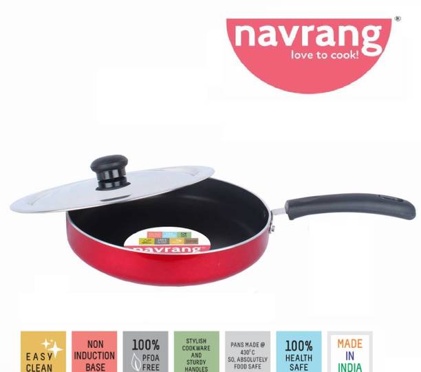NAVRANG NONSTICK FRY PAN/ STRIGHT FRY PAN WITH SS LID230MM, NON INDUCTION RED, 1.5 LTR Fry Pan 23 cm diameter with Lid 1.5 L capacity