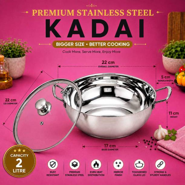 Red Robin Stainless Steel Deep Kadai 2 Litre with Toughened Glass Lid Kitchen Pot Stir Fry Pan 22 cm diameter with Lid 2 L capacity
