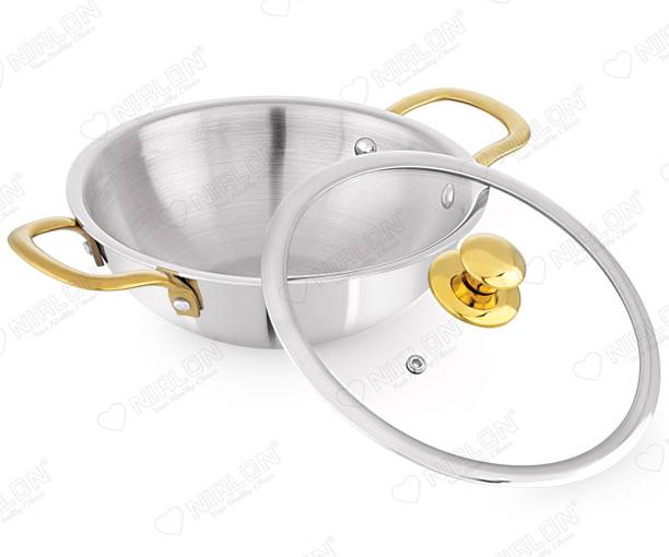 NIRLON NIRLON Karat Triply Stainless Steel Cookware Deep Kadhai with Glass Lid Kadhai 22 cm diameter with Lid 2 L capacity