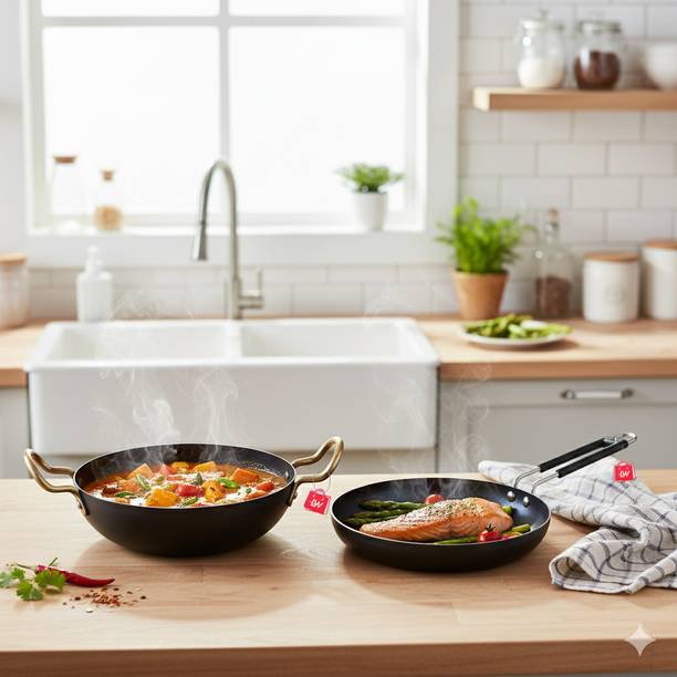 LAZYwindow Traditional Iron Deep Bottom Kadhai (Induction base) & Fry Pan 19 cm, 21 cm diameter 1 L, 0.75 L capacity