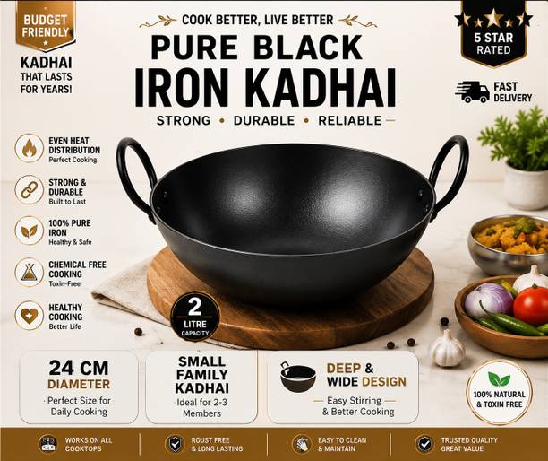 VeerEnterprises 10 inch pure iron black kadhai Kadhai 23 cm diameter 1.75 L capacity